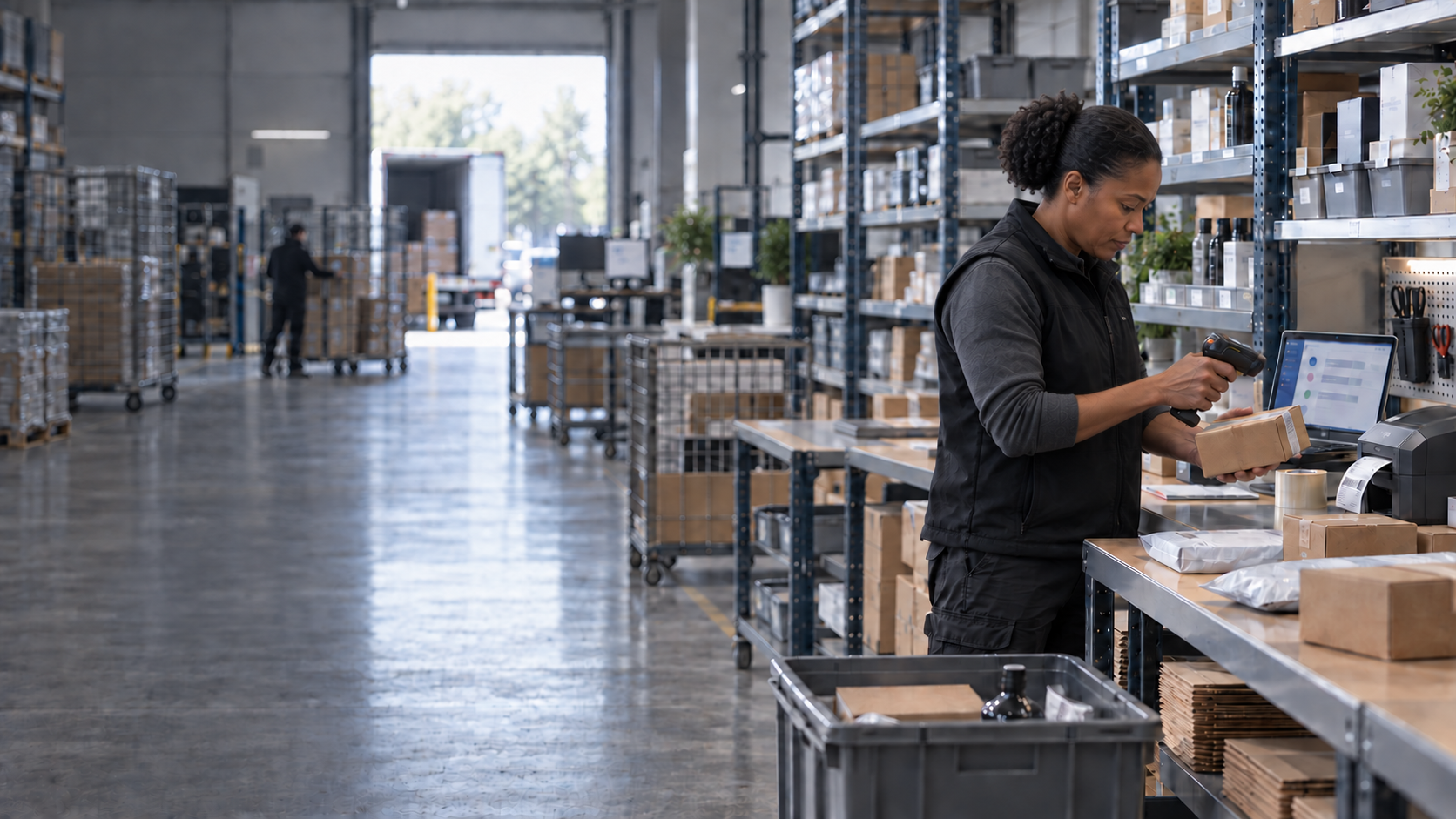 E-commerce fulfilment specialist scanning a direct-to-consumer parcel at a multichannel packing station